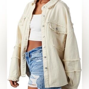 POL Sz L Cream Denim Jacket 100% Cotton Studded Raw Seams Button Up Collar EUC